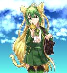  1girl ahoge alternate_costume animal_ears apple atalanta_(fate) bag black_bag blazer blonde_hair blue_background bow bowtie braid closed_mouth cloud collared_shirt cowboy_shot fate/apocrypha fate_(series) food fruit golden_apple green_bow green_bowtie green_eyes green_hair green_jacket green_skirt green_thighhighs holding holding_food jacket lion_ears lion_tail long_sleeves looking_to_the_side outline parted_lips plaid plaid_bow plaid_bowtie plaid_skirt sagamiso school_bag school_uniform shirt shirt_tucked_in shoulder_bag skirt solo tail thighhighs twitter_username white_outline white_shirt yellow_tail 