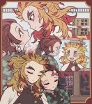  2boys blonde_hair border brown_hair cape chopsticks closed_mouth colored_tips commentary_request demon_slayer_uniform eye_contact forked_eyebrows highres japanese_clothes kamado_tanjirou kimetsu_no_yaiba leaning_on_person long_hair long_sleeves looking_at_another male_focus meremero multicolored_hair multiple_boys multiple_views open_mouth profile red_border red_hair rengoku_kyoujurou scar scar_on_face scar_on_forehead short_hair sleeping sleeping_on_person smile sweatdrop ticket translation_request white_cape 