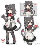  156m 1girl :3 animal_ears animal_hands apron back_bow black_dress black_footwear black_hair blush blush_stickers bow brown_eyes cat_ears cat_girl cat_paws cat_tail cowboy_shot dated double-parted_bangs dress drink finger_heart full_body highres low_twintails maid maid_apron mary_janes multiple_views open_mouth original puffy_sleeves shoes short_sleeves short_twintails simple_background sleeve_cuffs tail tail_bow tail_ornament tray twintails upper_body white_apron white_background 