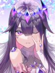  1girl bridal_gauntlets chest_jewel circlet colored_inner_hair crystal dress face_jewel gem gem_hair_ornament hand_jewel hand_on_own_face highres hololive hololive_english jewel_under_eye koseki_bijou koseki_bijou_(1st_costume) long_hair looking_at_viewer multicolored_hair one_eye_closed pink_hair portrait purple_eyes purple_gemstone purple_hair reon_(98109reon) single_arm_guard single_bridal_gauntlet solo virtual_youtuber white_bridal_gauntlets white_dress 