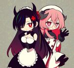  2girls bare_shoulders black_hair breasts cleavage clover clover_hair_ornament collar comdost_(vtuber) commission demon_horns dress elbow_gloves finger_to_cheek four-leaf_clover four-leaf_clover_hair_ornament funamusea_(artist) fur-trimmed_sleeves fur_trim glasses gloves grey_background hair_ornament hitsuji_mayoi horns indie_virtual_youtuber large_breasts long_hair maid maid_headdress multiple_girls one_eye_closed pink_eyes pink_hair red-framed_eyewear red_eyes round_eyewear second-party_source semi-rimless_eyewear sidelocks skeb_commission smile sparkling_eyes waving white_dress 