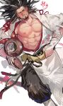  1boy abs alcohol bara bare_pectorals blush cup facial_hair from_above goatee highres japanese_clothes kimono knee_up kuroshima_kurishiro_(muyi24108414) large_pectorals long_hair looking_at_viewer lying male_focus mature_male multicolored_hair muscular muscular_male mustache_stubble navel nipples on_back one_eye_closed open_clothes open_kimono original pectorals petals sakazuki sake scar scar_on_chest seductive_smile smile solo stomach streaked_hair thick_eyebrows tokkuri unfinished white_kimono 