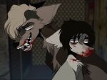alternate_species ambiguous_gender black_hair blonde_hair blood bodily_fluids canid canine canis demdoq domestic_dog duo feral feralized frown furrification hair hi_res killing_stalking mammal oh_sangwoo sharp_teeth snout teeth yoon_bum
