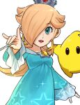  1girl absurdres aqua_dress aqua_eyes blonde_hair brooch crown dress earrings hair_over_one_eye highres jewelry long_hair long_sleeves luma_(mario) mario_(series) mini_crown off-shoulder_dress off_shoulder rosalina sasaki_sakiko star_(symbol) star_brooch star_earrings star_wand 