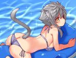  1girl afloat animal_ears ashroa_(cougar1404) ass back barefoot bikini butt_crack cat_ears cat_girl cat_tail closed_mouth commentary cougar_(cougar1404) grey_bikini grey_hair inflatable_toy light_frown looking_at_viewer lying on_stomach original short_hair side-tie_bikini_bottom skindentation solo sparkle swimsuit tail water wet yellow_eyes 