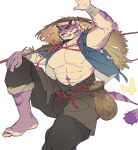  1boy abs absurdres alternate_costume animal_ears bara bare_pectorals barefoot bulge diamond_(shape) facial_hair foot_out_of_frame forked_eyebrows furry furry_male goatee hat highres kuroshima_kurishiro_(muyi24108414) large_pectorals looking_at_viewer male_focus mouth_hold muscular muscular_male navel original pants pants_rolled_up pectorals purple_fur sadiend sitting smirk solo stalk_in_mouth stomach straw_hat strongman_waist thick_eyebrows tiger_boy tiger_ears two-tone_fur unfinished waving white_hair 