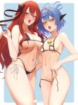  2girls absurdres ahoge bare_shoulders bikini black_bikini black_horns blue_background blue_eyes blue_hair blush border breasts collarbone condom gradient_hair green_eyes hair_between_eyes hand_up highres holding holding_condom horns large_breasts multicolored_hair multiple_girls navel open_mouth original outside_border purple_hair qweerin red_hair side-tie_bikini_bottom simple_background small_breasts stomach swimsuit tongue tongue_out twitter_username untied_bikini untied_bikini_bottom white_border yellow_bikini 