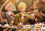  1girl 5boys antlers bikini bikini_top_only black_hair blonde_hair blurry blurry_background bottle cake cigarette closed_eyes commentary_request curly_eyebrows doccoi facial_hair food fruit goatee grey_hair happy_birthday hat highres holding holding_bottle holding_food long_hair monkey_d._luffy multiple_boys nami_(one_piece) necktie one_piece orange_hair profile reindeer_antlers roronoa_zoro sanji_(one_piece) shirt smile smoke straw_hat strawberry striped striped_shirt swimsuit tears tony_tony_chopper usopp vertical-striped_shirt vertical_stripes yellow_shirt 