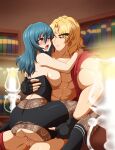  1boy 1girl absurdres artist_request ass black_gloves blonde_hair blue_eyes blue_hair blush book bookshelf breasts breasts_out byleth_(female)_(fire_emblem) byleth_(fire_emblem) candlelight clothed_sex clothes_pull crossover fire_emblem fire_emblem:_three_houses girl_on_top gloves highres holding holding_leg ken_masters large_breasts leggings library moaning muscular muscular_male non-web_source open_clothes open_mouth open_shirt pants pants_pull pantyhose sex shorts street_fighter super_smash_bros. thighhighs torn_clothes torn_pantyhose torn_shorts vaginal 