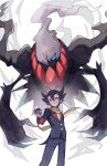  1boy black_skin blue_eyes blue_hair blue_pants blue_suit claws closed_mouth colored_skin commentary_request darkrai feet_out_of_frame floating grimsley_(pokemon) highres holding holding_poke_ball pants poke_ball pokemon pokemon_(creature) pokemon_bw scarf short_hair smile standing suit tataki_317 white_hair yellow_scarf 