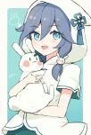  1girl alternate_costume blue_eyes blue_hair fu_hua green_skirt grey_hair hair_between_eyes highres hug long_hair long_sleeves looking_at_viewer low-tied_long_hair low_ponytail macaroni_0101 ponytail rabbit shirt skirt solo upper_body white_hood white_shirt 