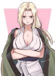  1girl arms_under_breasts artist_name blonde_hair breasts brown_eyes cleavage closed_mouth coat crossed_arms forehead_jewel green_coat grey_shirt highres jaga_rico large_breasts lips long_hair looking_at_viewer naruto naruto_(series) ninja pink_background shirt sleeveless solo tsunade_(naruto) twintails two-tone_background upper_body white_background 