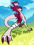 anthro blue_eyes claws cloud crossed_arms deckimortis fur grassfield horn long_tail perspective pink_body pink_fur red_body red_fur sky smug tail zephyr zephyr_the_deckimortis
