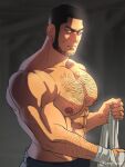  1boy abs armpit_hair bandaged_hand bandages bara black_hair chest_hair closed_mouth facial_hair golden_kamuy large_pectorals looking_at_viewer male_focus muscular muscular_male navel nipples nopinzo pectorals scar scar_on_cheek scar_on_face short_hair solo tanigaki_genjirou topless_male twitter_username 