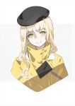  1girl beret black_headwear blonde_hair ciel_(synduality) commentary green_eyes hat head_tilt highres long_hair looking_at_viewer neco simple_background smile solo synduality upper_body white_background 