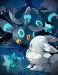  alternate_color angel_wings animal_focus bat_wings blue_eyes brown_eyes closed_mouth colored_sclera commentary_request constellation eevee full_body grey_eyes li04r looking_at_another night night_sky no_humans outdoors pokemon pokemon_(creature) shiny_pokemon sky slit_pupils star_(sky) stellated_octahedron tearing_up umbreon wings yellow_sclera 