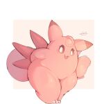 1:1 2023 anthro anthrofied brown_eyes claws clefable curled_tail female generation_1_pokemon gesture hair hi_res huge_hips kemono lightmizano looking_back nintendo open_mouth pink_body pokemon pokemon_(species) shaded signature simple_background smile solo solo_focus tail teapot_(body_type) thick_thighs waving waving_at_viewer waving_hand wide_hips wings yellow_background