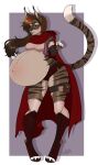 2019 4_toes 5_fingers absurd_res anthro arm_guards belly belly_blush belt big_belly black_nose blush body_blush boots border bottomwear breasts brown_body brown_fur brown_hair cloak clothed clothing ear_tuft feet felid female fingers footwear fur hair hi_res hiddenwolf hood j&#039;azirii_sekibo legband leggings legwear long_hair mammal navel open_mouth outie_navel pantherine paws pouch_(clothing) pregnant pregnant_female purple_background shirt shorts signature simple_background solo striped_body striped_fur stripes teeth thighband tiger toes topwear tuft vest white_body white_border white_fur yellow_eyes