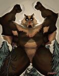 2023 5_fingers absurd_res anthro arctavius arm_hair badger bear bearger_(species) belly body_hair chest_tuft crotch_tuft don&#039;t_starve facial_hair featureless_crotch fingers goatee hi_res hybrid klei_entertainment looking_at_viewer looking_down looking_down_at_viewer low-angle_view male mammal muscular muscular_anthro muscular_male mustelid musteline nude plant raised_arms shaded signature solo teeth tree tuft
