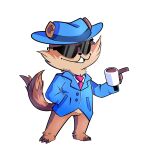 anthro clothing coffee_mug eyewear fireburn_(artist) gesture hand_in_pocket hat headgear headwear hi_res male mammal mo_(undertale_yellow) neck_tuft necktie official_art pantsless pockets pointing procyonid raccoon solo suit sunglasses tuft undertale_(series) undertale_yellow