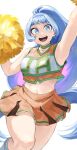  1girl :d absurdres arm_up armpits blue_eyes blue_hair boku_no_hero_academia breasts cheerleader fengling_(furin-jp) hadou_nejire highres holding holding_pom_poms long_hair looking_at_viewer medium_breasts midriff navel orange_skirt pom_pom_(cheerleading) round_teeth simple_background skirt smile solo teeth thighs upper_teeth_only very_long_hair white_background 