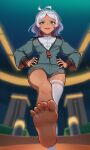  1girl ahoge asticassia_school_uniform barefoot blue_eyes breasts commentary dark-skinned_female dark_skin feet foot_focus green_jacket green_shorts grey_hair gundam gundam_suisei_no_majo hair_tuft halterneck hands_on_own_hips highres jacket kamille_(vcx68) long_sleeves looking_at_viewer looking_down open_mouth partially_unzipped revision school_uniform secelia_dote short_hair short_shorts shorts single_thighhigh smile soles solo standing standing_on_one_leg thighhighs thighs white_thighhighs 