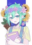  1boy basil_(headspace)_(omori) basil_(omori) blue_flower blue_overalls blue_rose blush book flower flower_wreath flying_saucer gem_(symbol) green_eyes green_hair hair_ornament head_wreath highres holding holding_book looking_at_viewer male_focus omori open_mouth overalls plant potted_plant red_flower red_rose rose shirt short_hair short_sleeves smile solo spacecraft sunflower t-shirt yellow_shirt ytk1 