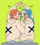  2girls black_eyes blue_hair closed_mouth commentary_request eyelashes green_background hatch_(8cco) hood hoodie looking_back medium_hair multiple_girls nami_(one_piece) nefertari_vivi one_eye_closed one_piece open_mouth orange_hair pleated_skirt print_hoodie short_hair simple_background sitting skirt smile teeth upper_teeth_only white_hoodie 