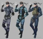  1boy age_progression armor bandana beard brown_hair cigarette facial_hair full_body grey_background grey_hair highres holding holding_cigarette ikuyoan male_focus metal_eyepatch metal_gear_(series) metal_gear_solid metal_gear_solid_2:_sons_of_liberty metal_gear_solid_4:_guns_of_the_patriots multiple_views mustache old old_man old_snake simple_background smoke sneaking_suit solid_snake 