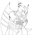 anthro anthro_on_anthro bone_frill clothed clothing duo embrace eye_scar eyes_closed facial_scar feathered_wings feathers female female/female forearms frill_(anatomy) hair hand_on_back hand_on_head hug husband_and_wife intraspecies larger_male male male/female married_couple membrane_(anatomy) membranous_wings monochrome prometheuzone pterodactylus pterosaur reptile ripley_(snoot_game) samantha_(snoot_game) scaled_forearms scales scalie scar short_tail simple_background size_difference smaller_female smile snoot_game snout tail using_wings wing_hug wings