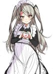 1girl alternate_costume amatsukaze_(kancolle) apron black_dress brown_eyes closed_mouth dress frilled_apron frills heart heart_hands highres itsui_(dihydrogenmonoxid) kantai_collection long_skirt looking_at_viewer maid_apron maid_headdress simple_background skirt smile solo standing twintails two_side_up upper_body white_apron white_background 