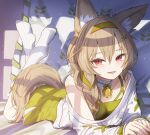  1girl animal_ear_fluff animal_ears arknights beanstalk_(arknights) beanstalk_(gift_uncompleted)_(arknights) bed bed_sheet bell blush braid cardigan commentary_request crossed_ankles dress feet_up full_body green_dress green_ribbon hair_ribbon hyena_ears hyena_girl hyena_tail indoors looking_at_viewer lying neck_bell no_shoes off_shoulder on_stomach open_mouth pillow red_eyes red_ribbon ribbon shironekoban side_braid smile socks solo tail the_pose twitter_username white_cardigan white_socks 