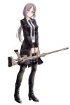  1girl absurdres aged_up black_footwear black_jacket black_necktie black_pantyhose black_skirt bolt_action boots cheytac_m200 collared_shirt english_commentary girls&#039;_frontline grey_hair gun high_heel_boots high_heels highres holding holding_gun holding_weapon jacket long_hair looking_at_viewer m200_(girls&#039;_frontline) necktie open_clothes open_jacket pantyhose pleated_skirt ponytail purple_eyes rifle shirt sidelocks skirt sniper_rifle solo user_zzhx5244 weapon white_background white_shirt 
