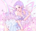  1girl :d bare_shoulders blush bow breasts bug butterfly castle cherry_cheezy choker cleavage cloud commentary commission detached_sleeves earrings english_commentary eyeliner eyeshadow fairy fairy_wings fantasy flag flower food food-themed_earrings frilled_shirt frills fruit hair_ornament hairclip heart highres holding holding_wand jewelry large_breasts long_hair makeup midriff original pastel_colors pink_bow pink_flower pleated_skirt pointy_ears puffy_short_sleeves puffy_sleeves purple_hair rainbow shirt short_sleeves skirt smile solo sparkle strapless strapless_shirt strawberry very_long_hair wand wings yume_kawaii 