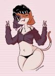 anthro beanie big_butt butt calico_pattern clothed clothing domestic_cat ear_piercing epic_games felid feline felis female_(lore) fortnite gesture hat headgear headwear hoodie jaspixie legwear mammal meow_skulls_(fortnite) panties partially_clothed pattern_background piercing signature simple_background solo striped_background thick_thighs thigh_highs topwear underwear v_sign