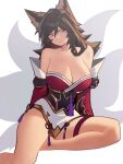  1girl ahri_(league_of_legends) alternate_breast_size animal_ears bare_shoulders barefoot black_hair breasts cleavage closed_mouth clothing_request collarbone distr english_commentary facial_mark fox_ears fox_girl fox_tail hair_between_eyes large_breasts league_of_legends long_hair multiple_tails simple_background sitting slit_pupils solo tail whisker_markings white_background yellow_eyes 