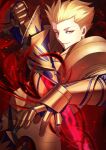  1boy absurdres armor aura blonde_hair commentary commission dark_aura ea_(fate/stay_night) english_commentary fate/stay_night fate/zero fate_(series) feet_out_of_frame fighting_stance foreshortening gilgamesh_(fate) gold_armor hair_slicked_back half-closed_eyes highres holding holding_weapon looking_at_viewer male_focus moto_(otemoto02) parted_lips pauldrons red_eyes second-party_source short_hair shoulder_armor skeb_commission smile solo twitter_username weapon 