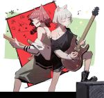  2girls :3 :d amplifier animal_ears back-to-back bang_dream! bang_dream!_it&#039;s_mygo!!!!! bare_legs bare_shoulders bass_guitar black_footwear black_shirt bocchi_the_rock! boots braid cat_ears chinese_commentary closed_eyes commentary_request crossover die_(die0118) dress electric_guitar genre_connection grawlix green_background green_dress grey_nails guitar highres hiroi_kikuri holding holding_plectrum instrument jacket jacket_partially_removed kaname_raana long_sleeves medium_hair motion_lines multicolored_background multiple_girls music musical_note nail_polish off-shoulder_shirt off_shoulder outside_border playing_instrument plectrum pointy_nose red_background red_hair screentones sharp_teeth shirt shirt_under_shirt sidelighting sidelocks smile stepping teeth trait_connection white_hair white_jacket white_shirt 