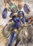  1girl armor armored_dress blue_armor braid castle feathers feet_out_of_frame flying grey_hair helmet holding lenneth_valkyrie long_hair looking_at_viewer low-braided_long_hair open_mouth shoulder_armor solo sword valkyrie valkyrie_profile_(series) very_long_hair weapon winged_helmet wings 