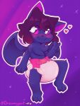 &lt;3 :3 ambiguous_gender anthro bat blush claws cosmic_bakcground diaper dreamyart fur hair hair_over_eye heart_pupils hi_res mammal one_eye_obstructed outline pink_diaper pink_eyes pink_text purple_background purple_body purple_fur purple_hair simple_background solo star text watermark white_outline wings yellow_star