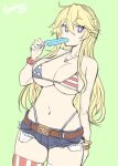  1girl american_flag_bikini american_flag_legwear bikini blonde_hair blue_eyes bosshi bracelet breasts commentary_request flag_print food food_in_mouth highleg highleg_panties highres holding holding_food holding_popsicle iowa_(kancolle) jewelry kantai_collection large_breasts long_hair micro_bikini micro_shorts navel necklace panties popsicle popsicle_in_mouth shorts signature sketch solo star-shaped_pupils star_(symbol) striped striped_thighhighs swimsuit symbol-shaped_pupils thighhighs underwear 
