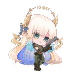  1girl absurdres aqua_eyes armor blonde_hair blue_hair bow cactusxii chibi colored_inner_hair colored_tips doom_(series) doomguy gloves grey_bow gun highres hikanari_hina holding holding_gun holding_weapon long_hair multicolored_hair parted_lips phase_connect purple_hair second-party_source solo virtual_youtuber weapon wing_hair_ornament 