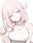  1girl alternate_costume bare_shoulders blunt_bangs breasts c_uino closed_mouth elf elysia_(honkai_impact) hand_up head_tilt highres honkai_(series) honkai_impact_3rd large_breasts long_hair looking_at_viewer parted_bangs pink_hair pointing pointing_at_viewer pointy_ears purple_eyes ribbed_sweater simple_background sleeveless sleeveless_sweater smile solo sweater turtleneck turtleneck_sweater upper_body white_background white_sweater 