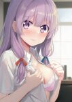  1girl absurdres blurry blurry_background blush bra breasts frown hair_ribbon highres hoshimitooni indoors large_breasts long_hair looking_at_viewer open_clothes open_shirt patchouli_knowledge purple_eyes purple_hair ribbon short_sleeves solo touhou unbuttoned unbuttoned_shirt underwear upper_body 