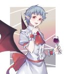  1girl alternate_hair_length alternate_hairstyle ascot bat_wings blue_hair border bow collared_shirt commentary_request cup fangs frilled_sleeves frills gradient_background hand_on_own_chin highres holding holding_cup kanaria_(bocmn) pointy_ears puffy_short_sleeves puffy_sleeves red_ascot red_bow red_eyes red_ribbon remilia_scarlet ribbon shirt short_hair short_sleeves skirt touhou very_short_hair waist_bow white_border white_shirt white_skirt wings wrist_cuffs 