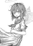  1girl angel angel_wings dress feathered_wings greyscale haibane_renmei halo highres holding_stomach kilsturgeon light_blush messy_hair monochrome open_mouth rakka_(haibane) sailor sailor_collar short_hair short_sleeves smile solo static_cling white_background white_dress wings 