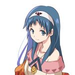 1girl bare_shoulders blue_eyes blue_hair closed_mouth hairband highres jewelry kurumiyasan_ns long_hair looking_at_viewer lucia_(lunar) lunar lunar_2:_eternal_blue necklace pendant simple_background smile solo white_background 