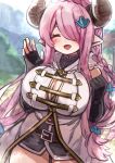  1girl bare_shoulders black_gloves black_shirt blush braid breasts cleavage coat draph elbow_gloves gloves granblue_fantasy hair_ornament hair_over_one_eye highres horns large_breasts long_hair narmaya_(granblue_fantasy) open_mouth osakana_(rrg0123) pointy_ears purple_hair shirt single_braid smile solo very_long_hair white_coat 