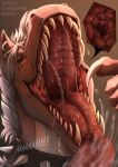 ambiguous_gender bodily_fluids dragon ear_piercing feral hi_res mane mouth_shot open_mouth piercing red_body red_scales red_tongue saliva santanahoffman scales scalie solo teeth tongue white_mane