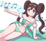  1girl arm_support bare_shoulders blush bright_pupils brown_hair closed_mouth collarbone commentary_request double_bun green_eyes green_panties hair_bun hand_up highres jewelry kutabireta_neko leaning long_hair looking_at_viewer musical_note navel neck_ring official_alternate_costume panties pokemon pokemon_masters_ex rosa_(champion)_(pokemon) rosa_(pokemon) smile solo staff_(music) tiara twintails underwear white_pupils 
